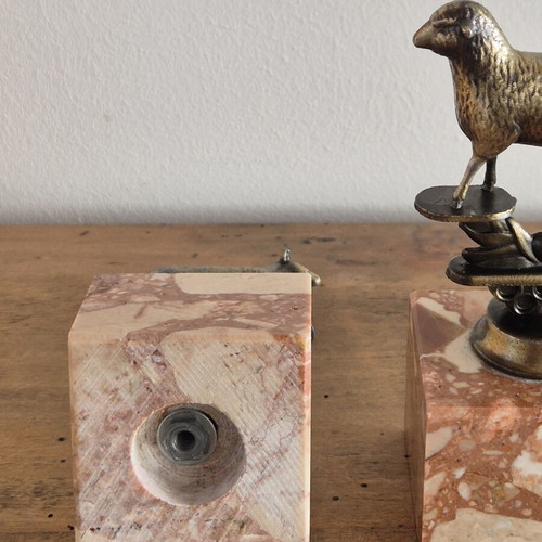 Art Deco brass sheep bookends, original pair on marble bases