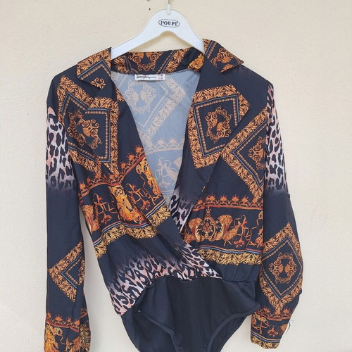 Jennyfer shirt bodysuit medium black with gold and leopard print like new