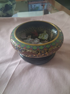 Decorative Cloisonné Bowl with Wooden Base like new