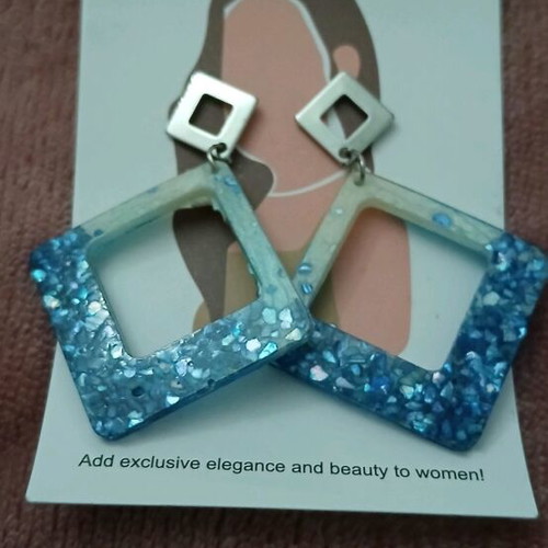 Handmade resin earrings on steel rhombus base, new blue silver