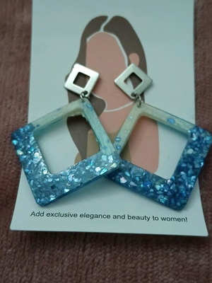 Handmade resin earrings on steel rhombus base, new blue silver