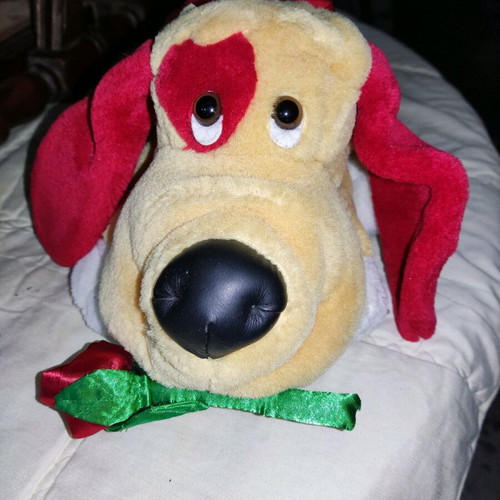 Stuffed dog used with heart and flower