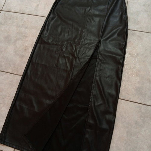Long black faux leather skirt size S with slit