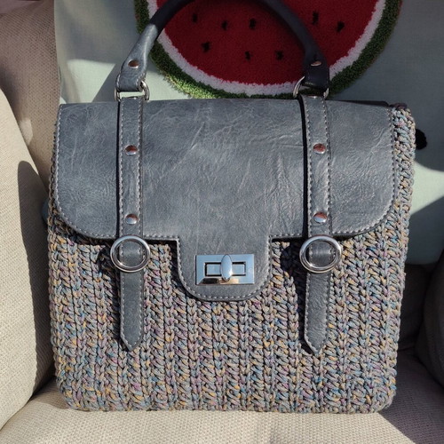 Handmade knitted handbag new with leather details and melange yarn
