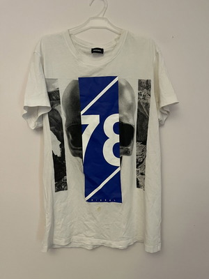 Diesel T-shirt used with visible stain, size S, white and blue