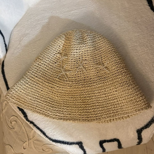 Bucket hat beige straw with embroidered star designs like new