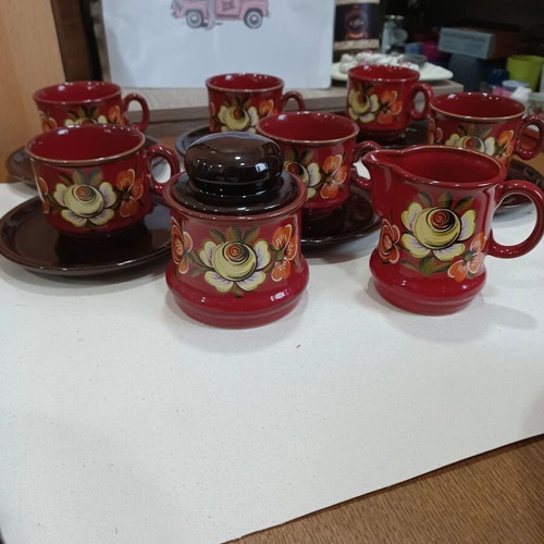 Hand-painted ceramic tea set with 6 cups, saucers, creamer and sugar bowl
