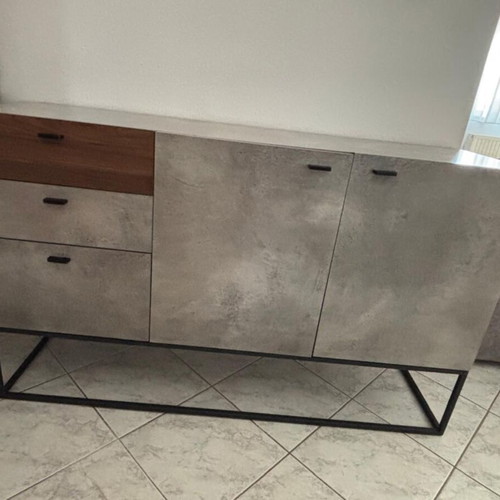 Living room furniture set cement grey with wood and black metal legs like new