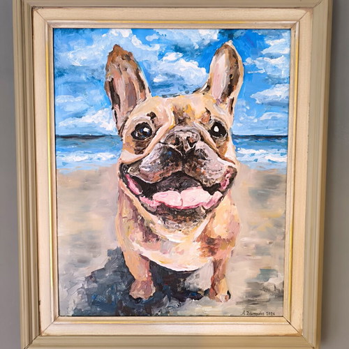 Painting Happy French Bulldog on the Beach acrylic, like new