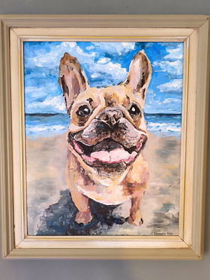 Painting Happy French Bulldog on the Beach acrylic, like new