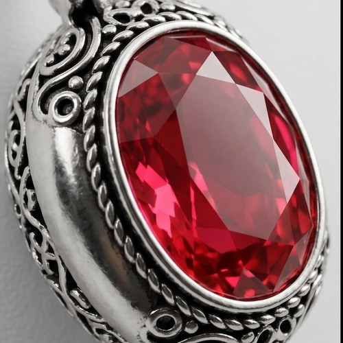 Gothic Locket Box Pendant with Red Crystal and Carved Branches, New