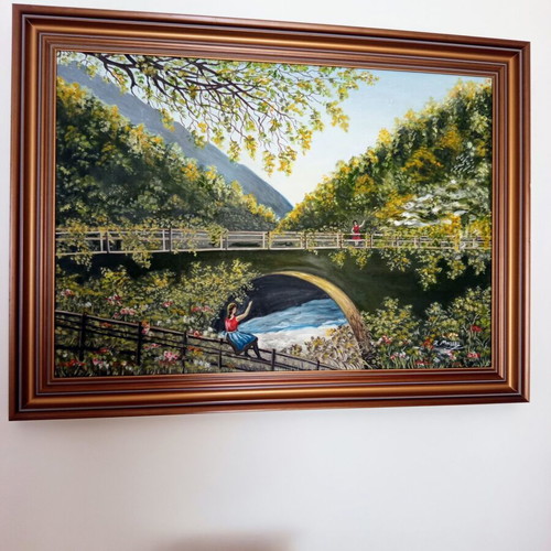Original oil painting landscape with bridge by Chrysoula Bala, like new