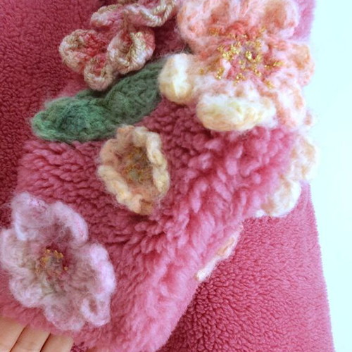 Coat new with crocheted handmade flowers pink S-M