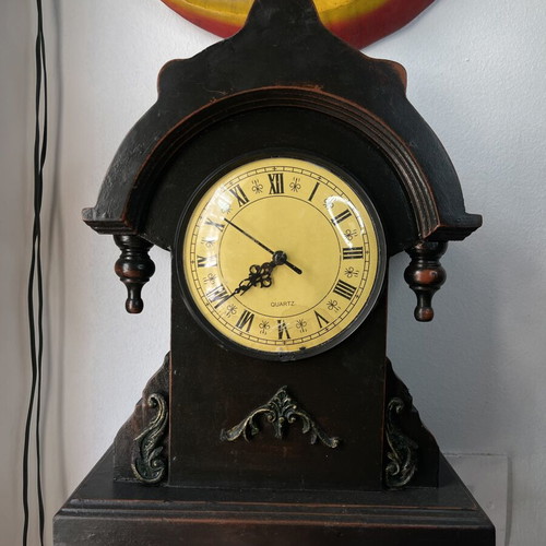 Wooden vintage table clock used, functional quartz