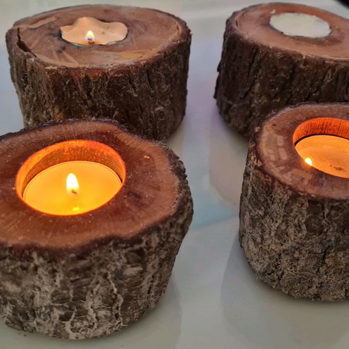 Wooden tealight candle holders used, set of 4 tree trunk style
