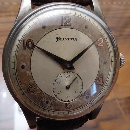 Helvetia Swiss made men's watch used with two-tone dial and leather strap