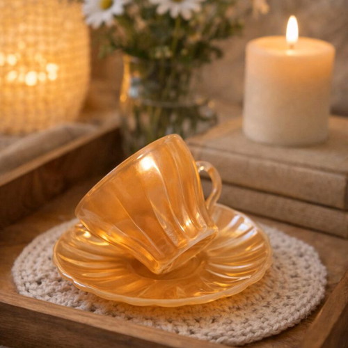 Set of 6 cups and saucers made of iridescent glass like new