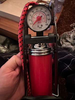 Air pump cylindrical foot-operated with gauge and adapter, new