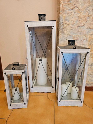 Φανάρια σετ τριών τεμαχίων για διακόσμηση, καινούργια, ξύλο, γυαλί, μέταλλο