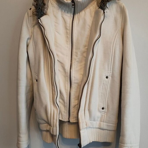 Bomber Jacket Cream Fabric with Lining and Hood like New