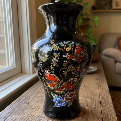 Vintage handmade black vase 24cm with 24K gold and butterflies