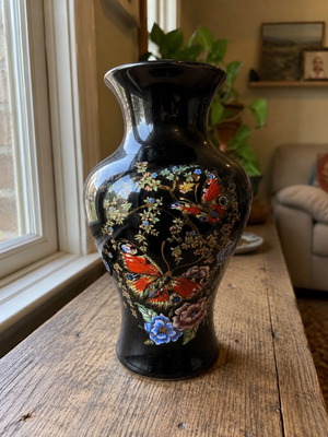 Vintage handmade black vase 24cm with 24K gold and butterflies