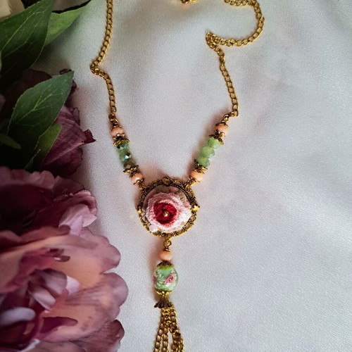Handmade vintage embroidered pendant with green and pink beads, new