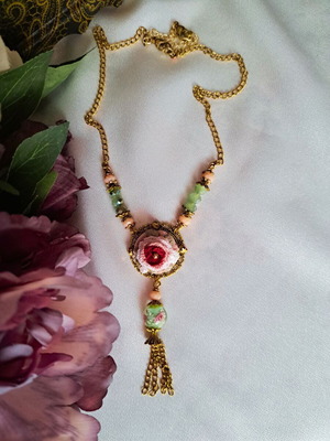 Handmade vintage embroidered pendant with green and pink beads, new