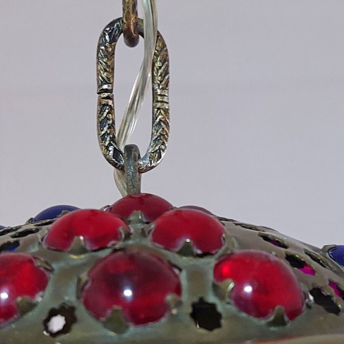 Moroccan vintage handmade lamp from brass and colored glass like new
