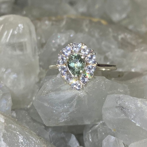 Silver Ring with Natural Green Tourmaline and Moissanite, new