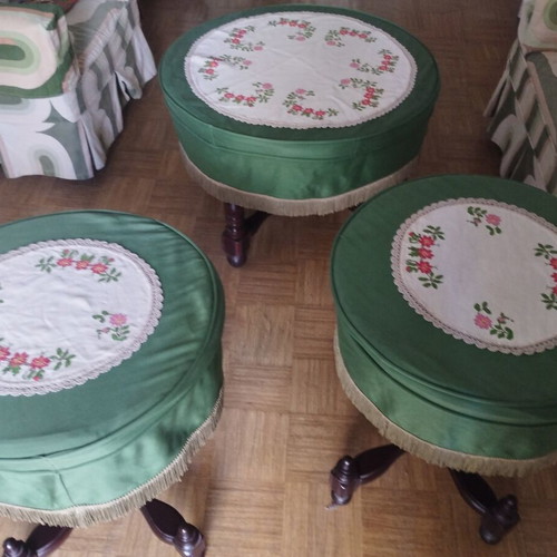 Vintage set of 3 wooden coffee tables with retro covers and embroidery used