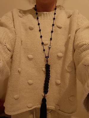 Long handmade necklace like new with leather details and black stones