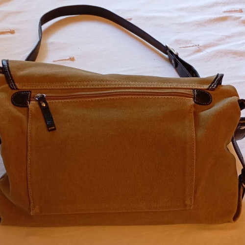 Women's crossbody bag like new, khaki fabric with brown leather straps