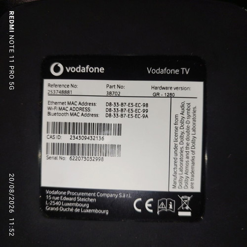 Vodafone TV Box GR-1280 with remote and power supply