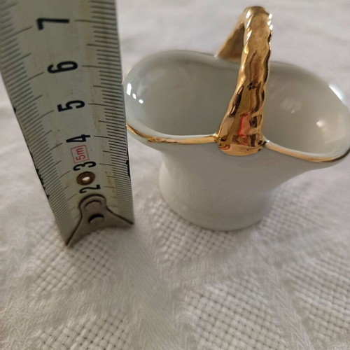 Porcelain decorative basket vintage with blue windmill and gold handle like new