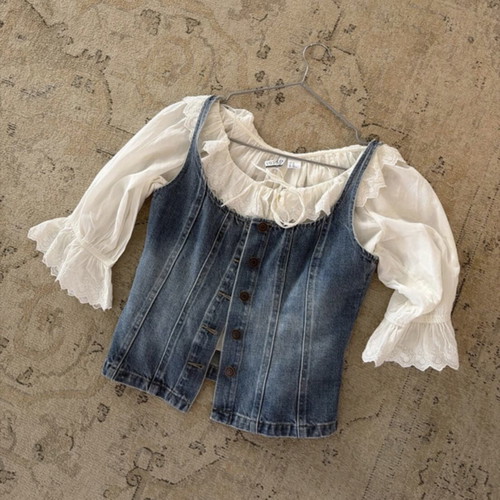 H&M denim corset and white romantic top, size XS