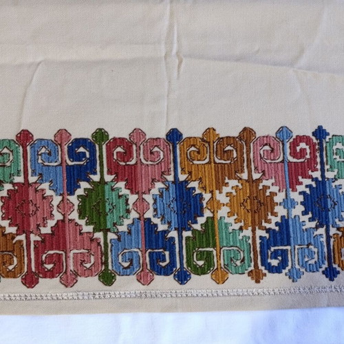 Handmade table runner used, traditional colorful geometric embroidery