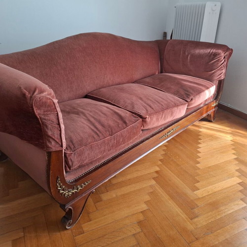 Handmade three-seater sofa used, velvet fabric burgundy-red