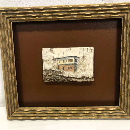 Handmade painting on a thin wooden bark with the theme "Mount Athos"