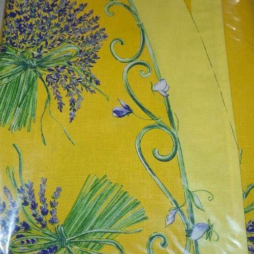 Tablecloth new 1.65x1.65 yellow with lavender bouquets coated cotton