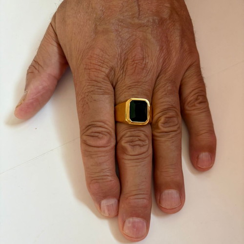 Gold Signet Ring with Black Stone, Brand New, 316L Stainless Steel US 12