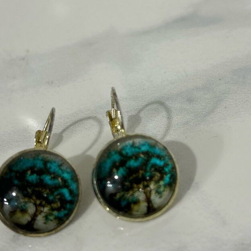 Earrings with Tree of Life graphic like new, alloy glass