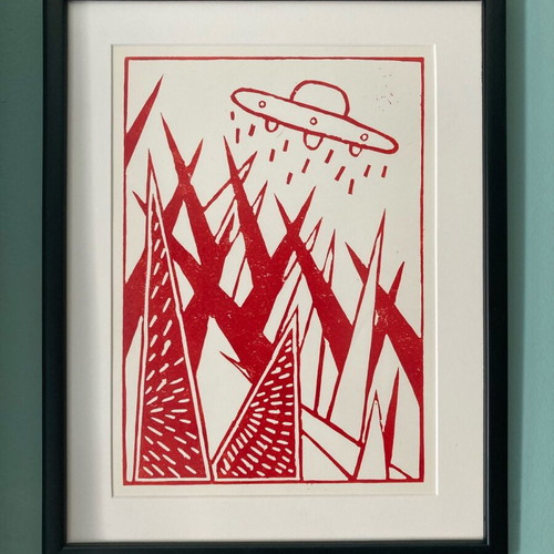 Linocut geometric shapes and UFO on 300g paper, new