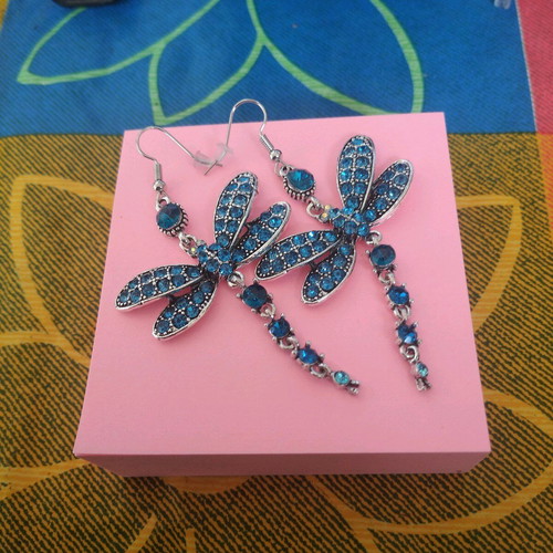 Dragonfly-shaped dangling earrings like new, blue and silver