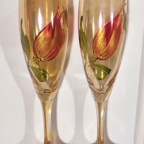 Glass handmade painted champagne set like new