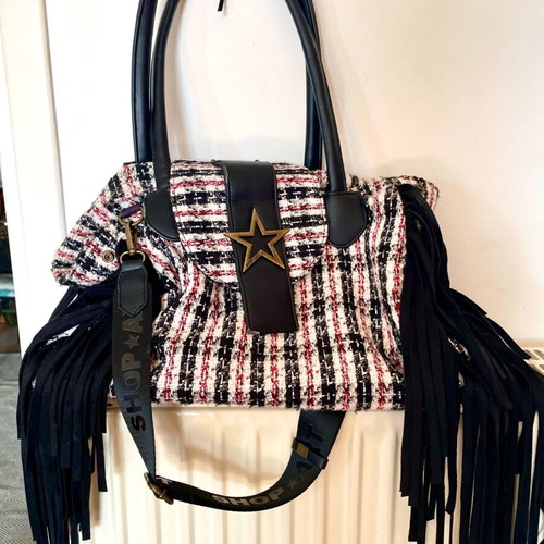 Shop Art shoulder bag new with fringes and tweed design
