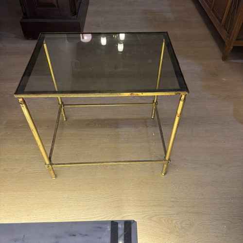 Midcentury metal coffee table with glass base used