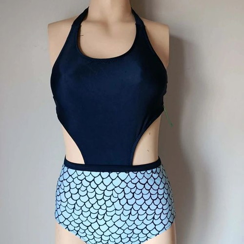 One-piece swimsuit like new, dark blue halter top with light blue mermaid scale design