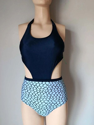 One-piece swimsuit like new, dark blue halter top with light blue mermaid scale design