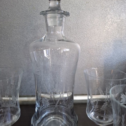 Vintage glass decanter set with stopper and 3 glasses